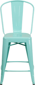 EMMA + OLIVER Commercial Grade 24" H Mint Green Metal Indoor-Outdoor Counter Stool w/Back