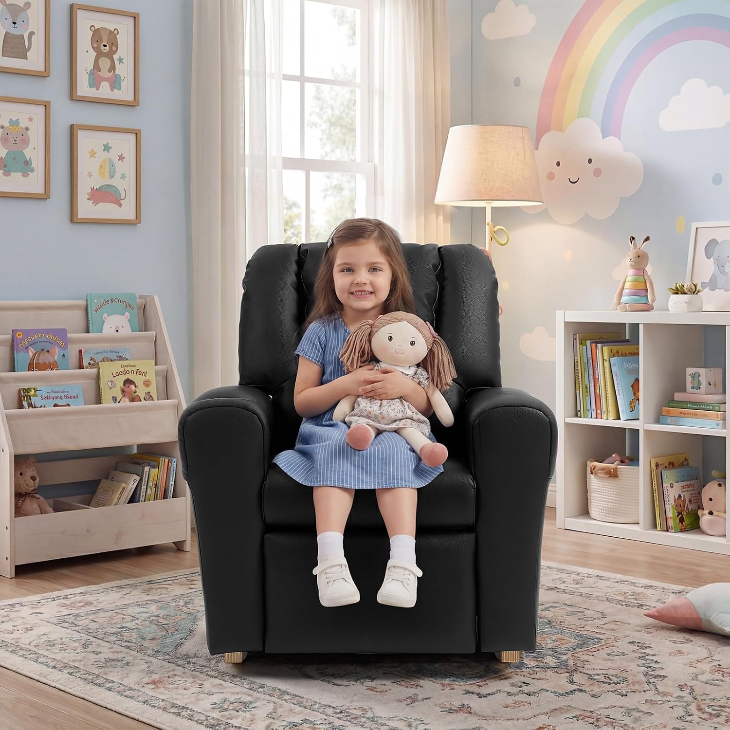 AVAWING Kids Recliner Chair with Cup Holder, Leather Toddler Recliner with Adjustable Backrest, Curved Rocking Legs and Comfy Armrests for Bedroom or Nursery (Black)