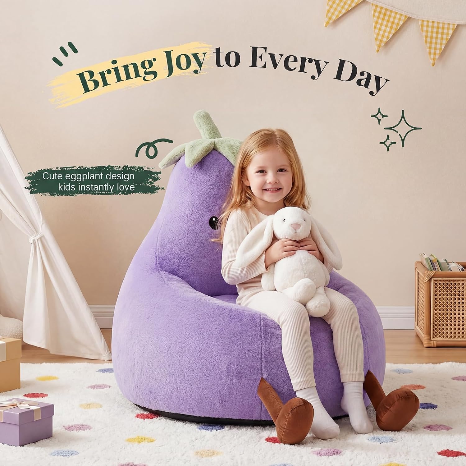 24" Kids Bean Bag Chair, Stuffed Toddler Couch with Faux Rabbit Fur Cover for Teens & Kids, Comfy Lazy Sofa Chair for Reader, Living Room, Bedroom, Aged 4-12 Years Purple