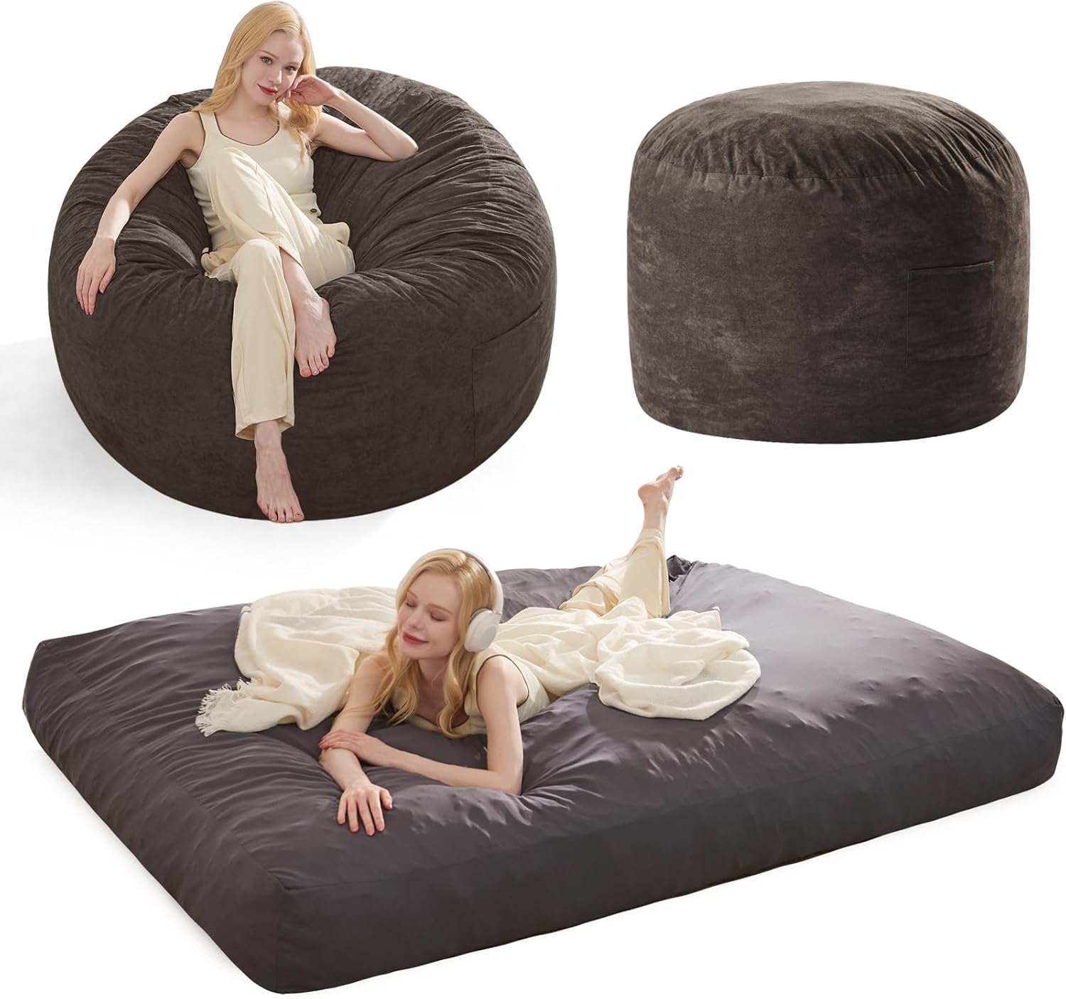 Bean Bag Chair Bed for Adults, Giant Bean Bag Chair Convertible Beanbag Bed, Large Floor Sofa Couch for Living Room, Bedroom, High-Density Foam Filling, Machine Washable (Full, Charcoal)
