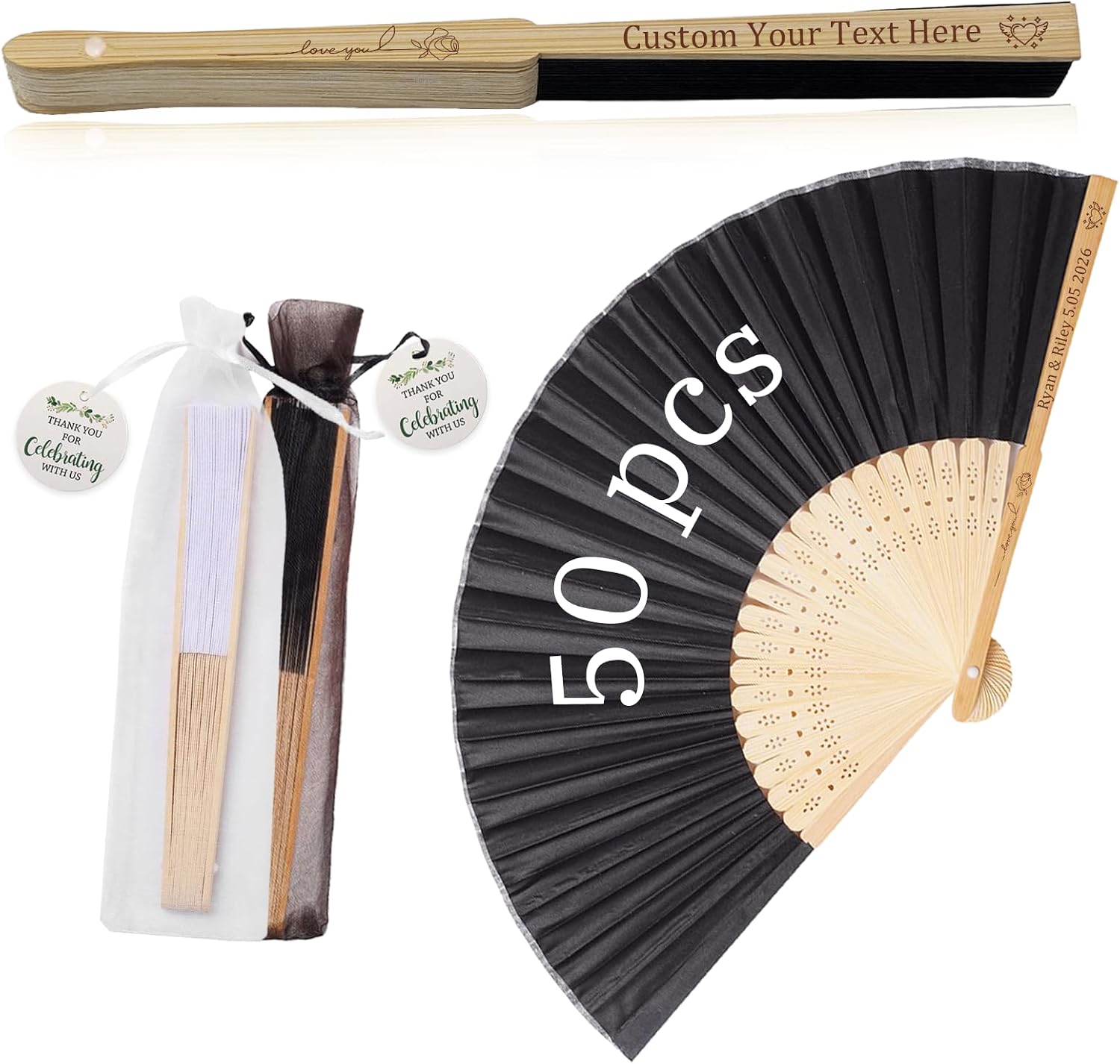 HJX Personalized Wedding Fans for Guests Custom Engraved Bulk Silk Folding Fans Favors for Party