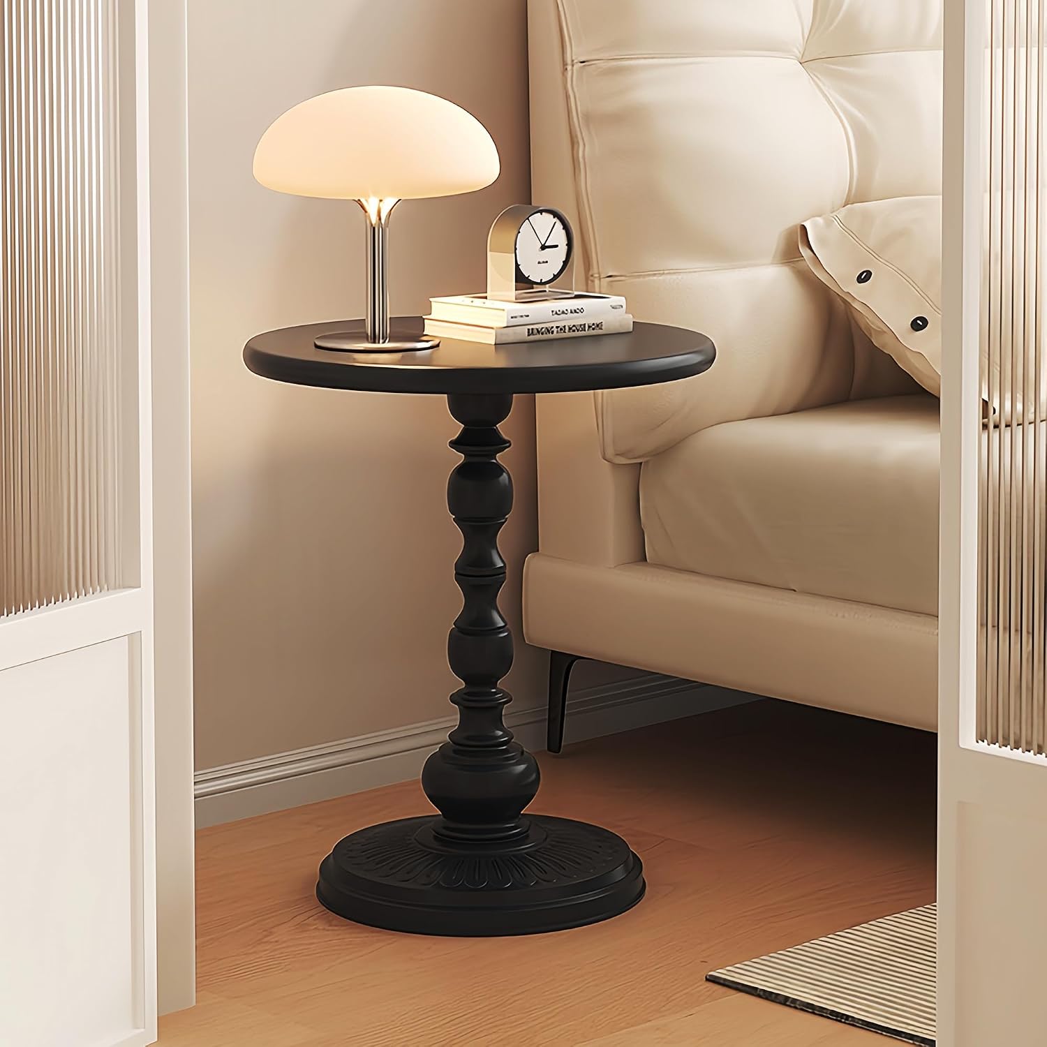 Black Metal End Table, Small Round Side Table | Vintage Matte Black Pedestal, For Living Room, Bedroom, Sofa, For Patio & Bar, Nightstand
