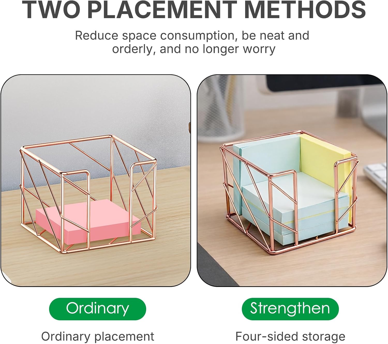 Rose Gold Geometric Sticky Note & Memo Cube Holder, Post Note Dispenser & Desk Organizer Metal Wire for Home, School, Office Supplies (Holder Only)