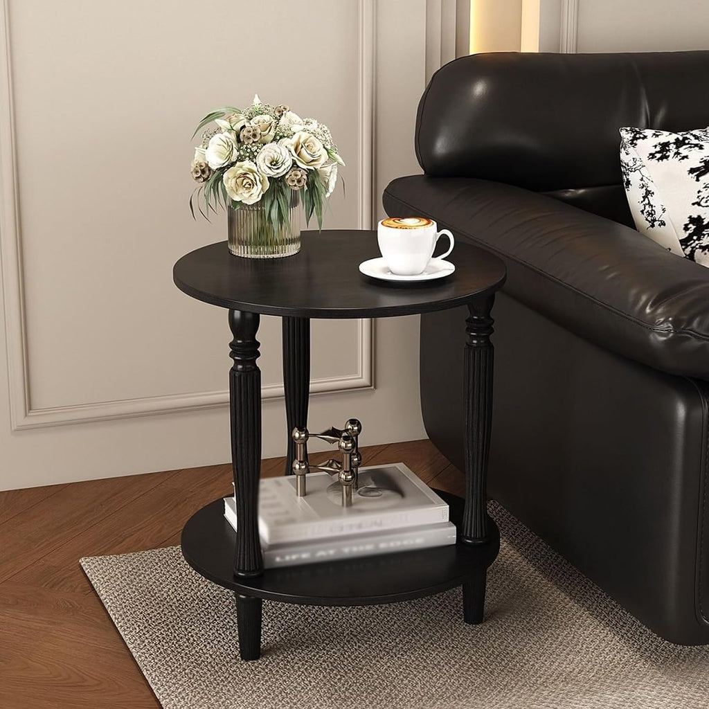 Round Side Table with Roman Column Legs, 2 Tier Sofa End Table with Storage,Accent Solid Wood End Tables,Small Circle Corner Tables for Living Room, Bedroom,50cm