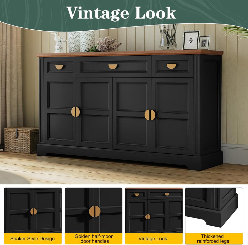 HLR 60” Large Buffet Sideboard Cabinet with 4 Doors and 3 Drawers Shaker Style, Coffee Bar Storage Cabinet for Dinning Room, Kitchen, Living Room, Black
