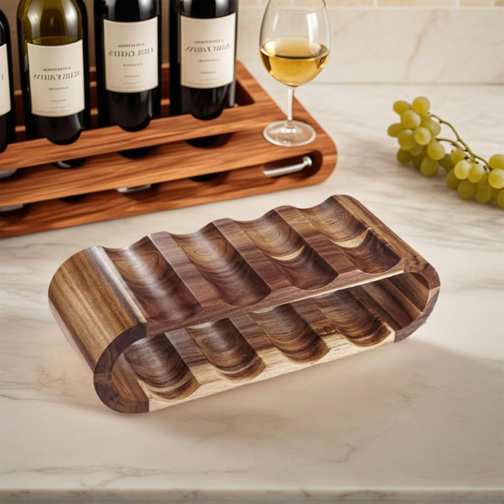 MultiBey 8-Bottle Acacia Wood Wine Rack - Freestanding Wine Compact Countertop & Cabinet Storage, Tabletop Wine Liquor Bottle Holder for Kitchen, Bar (16.34"x5.91"x4.92")