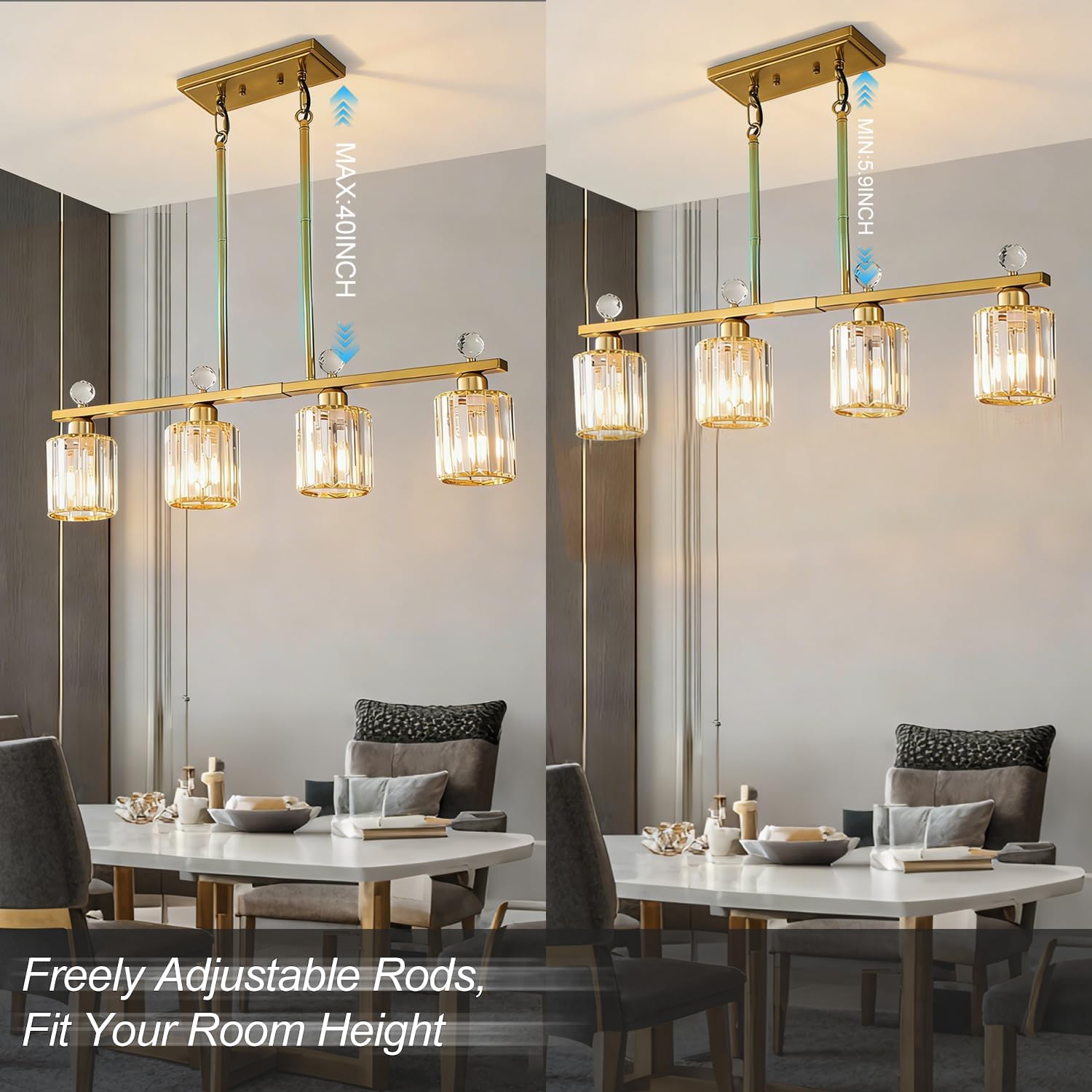 Modern Dining Room Light Fixture Over Table, Crystal Pendant Lights Kitchen Island, Chandeliers for Dining Room Kitchen Light Fixtures (E26) 5-Light Gold