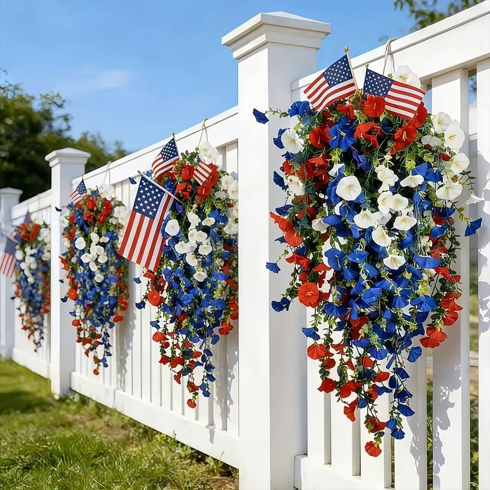 2 PCS Patriotic Hanging Flower Baskets with LED Lights, Red White and Blue Artificial Flowers for Outdoor Porch Decor, UV Resistant Faux Flowers for 4th of July, Memorial Day Garden Patio Decor