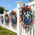 2 PCS Patriotic Hanging Flower Baskets with LED Lights, Red White and Blue Artificial Flowers for Outdoor Porch Decor, UV Resistant Faux Flowers for 4th of July, Memorial Day Garden Patio Decor
