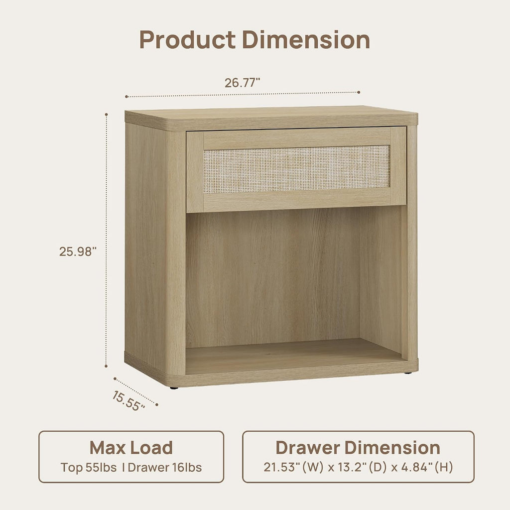 SICOTAS Night Stand Set of 2 26" Wide Large Nightstands with Drawer & Shelf Storage Rattan Bedside Table Boho End Table Tall Bed Side Tables Night Stands for Bedroom Living Room Sofa Office, Sand Oak