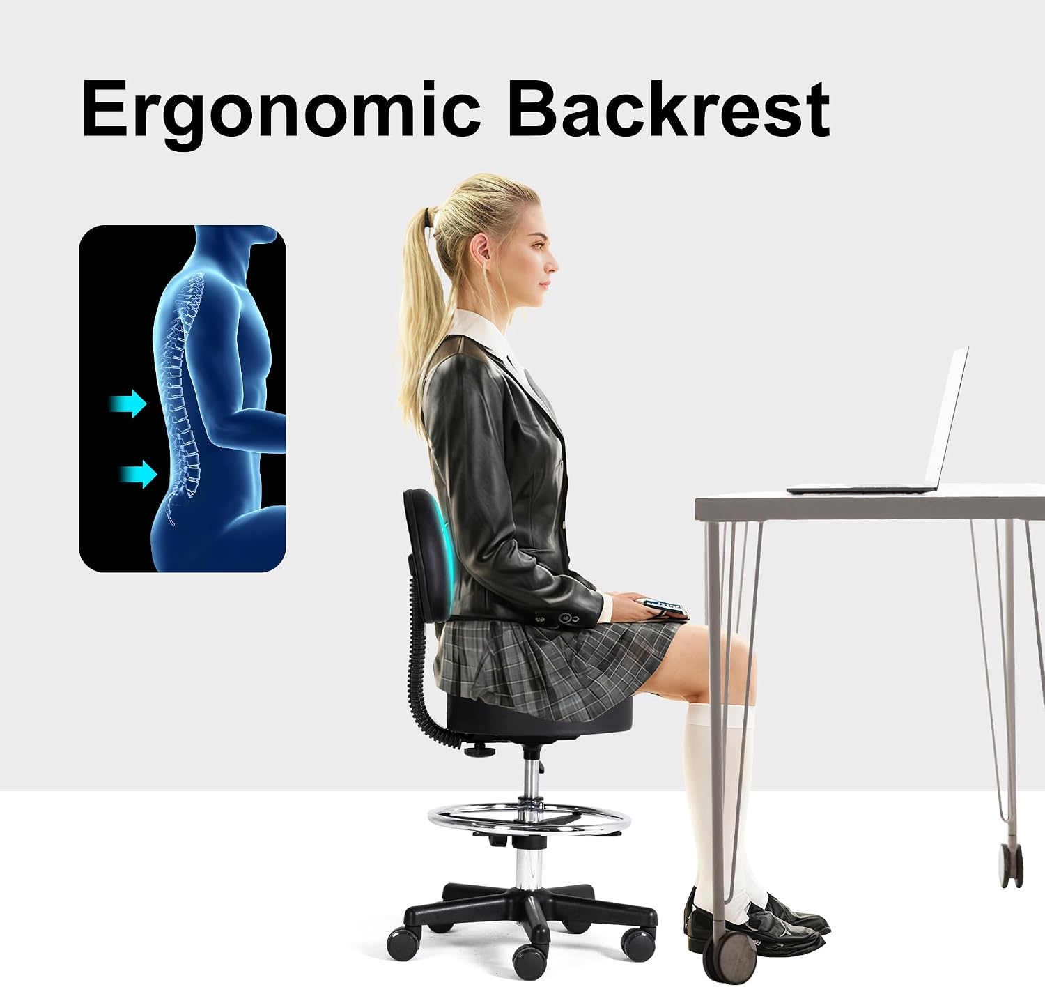 Frassie Drafting Chair with Back Adjustable Spa Bar Rolling Stool Multi-Purpose Office Desk Chair, Swivel Task Chair with Footrest Ring (Black)