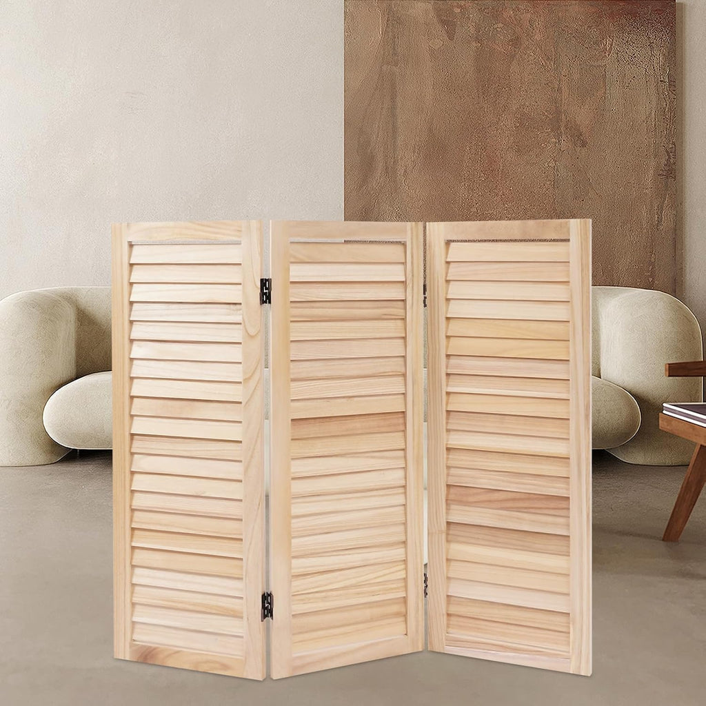 3 Panel 35 * 32in Short Room Divider Screen, 2.7 Ft Paulownia Wood Folding Privacy Screen Freestanding Shutter Divider for Home Office Indoor Decor(Wood Color