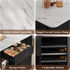 ONBRILL 60" Stationary Kitchen Island with Storage, Fluted Island Table w/Faux Marble Worktop, Sliding Door, Adjustable Shelves, Open Shelves, Mid Century Modern Coffee Bar Station with Drawer, Black