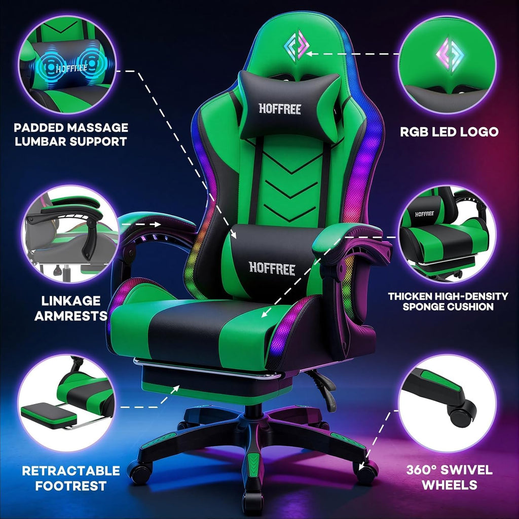 HOFFREE RGB Gaming Chair with Speakers Music Rhythm LED Lights Massage Computer Chair Video Game Chairs for Adults High Back Gamer Chair with Footrest & Lumbar Support Green