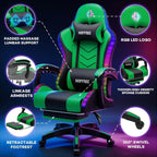 HOFFREE RGB Gaming Chair with Speakers Music Rhythm LED Lights Massage Computer Chair Video Game Chairs for Adults High Back Gamer Chair with Footrest & Lumbar Support Green