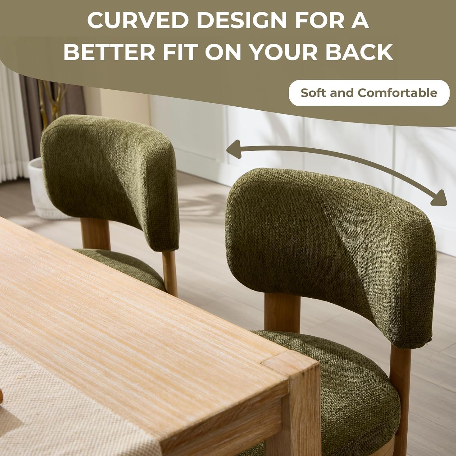 ROCITY Green Upholstered Dining Chairs Set of 4 Chenille Fabric Dining Room Chairs Modern Barrel Kitchen Chairs with Curved Backrest and Wooden Legs
