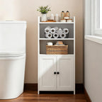 Small Bathroom Storage Cabinet, Freestanding Bathroom Cabinet and Organizer with Shelves, Small Cabinet with Doors for Bathroom, Laundry Room, 7.9" D x 14.6" W x 31" H, White