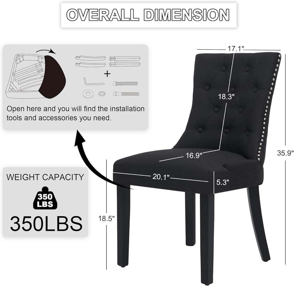 Upholstered Tufted Dining Chairs Set of 2, Fabric Side Dining Room Chairs with Nailhead Back Ring Pull Trim Solid Wood Legs(Black, 2PCS)