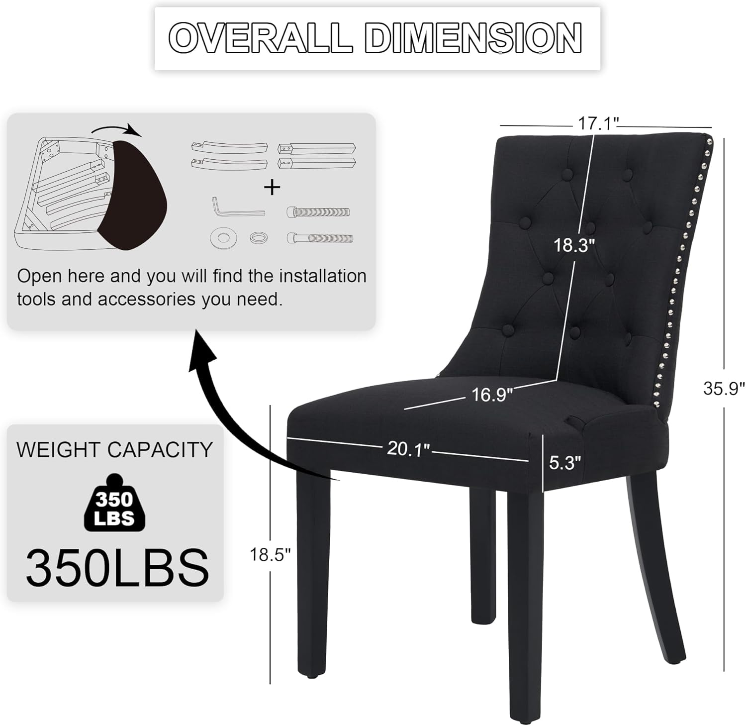Upholstered Tufted Dining Chairs Set of 2, Fabric Side Dining Room Chairs with Nailhead Back Ring Pull Trim Solid Wood Legs(Black, 2PCS)