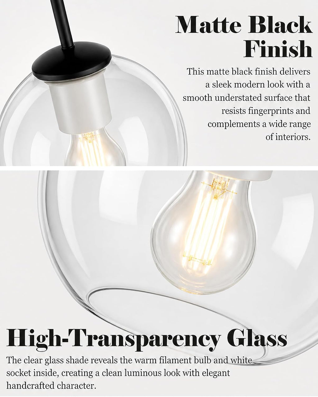 BTP Modern Glass Globe Pendant Light for Kitchen Island, Black Pendant Light Fixture with Adjustable Height Rods, Sloped Ceiling Compatible Clear Glass Hanging Light, E26 Base for Dining Room Foyer