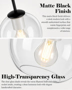 BTP Modern Glass Globe Pendant Light for Kitchen Island, Black Pendant Light Fixture with Adjustable Height Rods, Sloped Ceiling Compatible Clear Glass Hanging Light, E26 Base for Dining Room Foyer