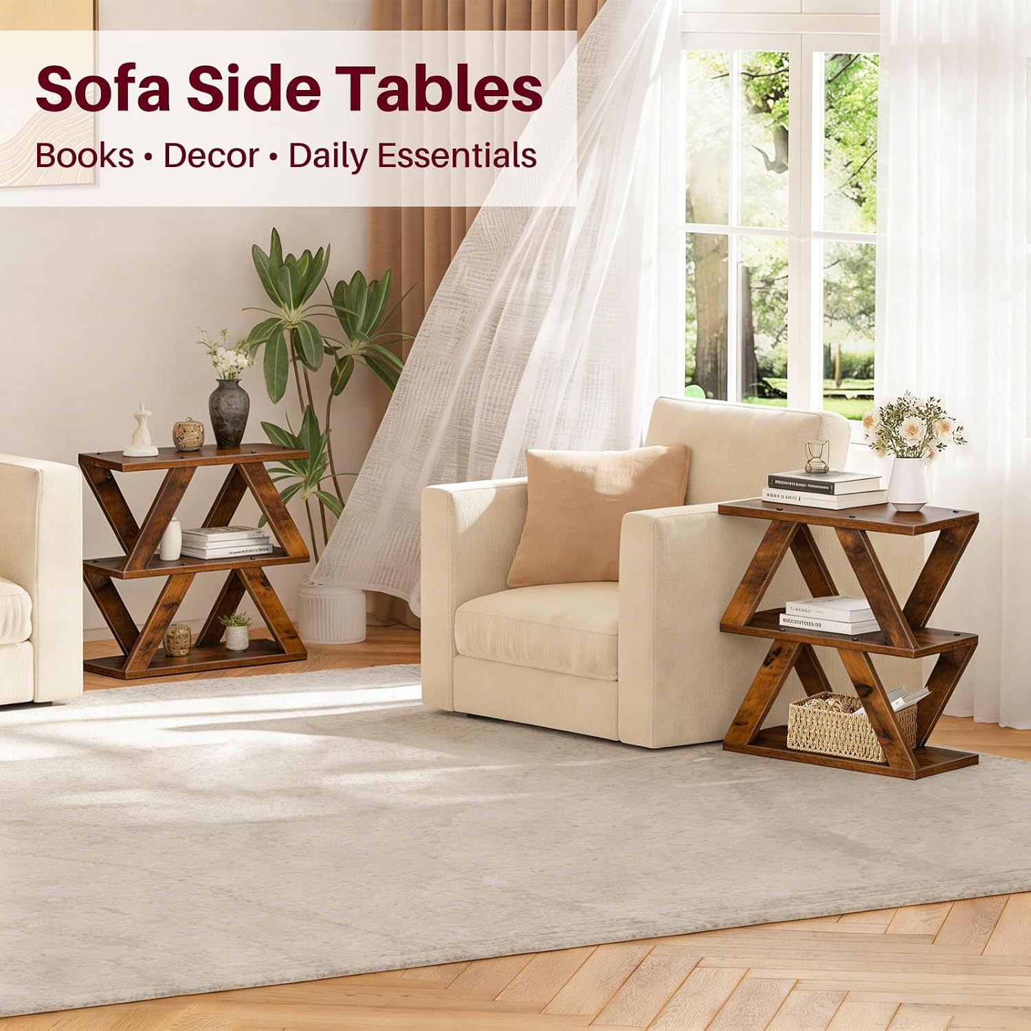 3 Tier Side Table with Side Guard Rails & Anti-Slip Pads, Narrow End Table for Small Spaces, Slim Nightstand with Storage Shelves for Bedroom, Living Room, Rustic Brown
