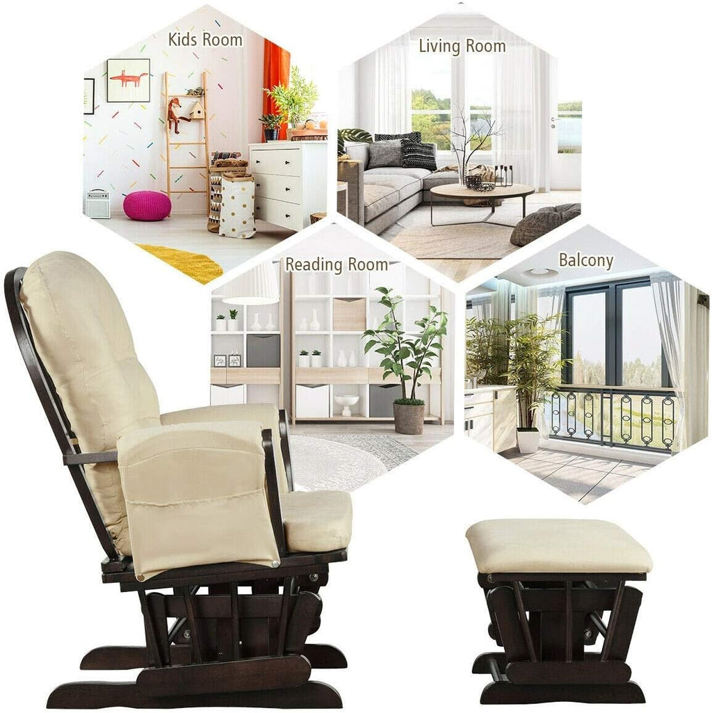 Nursery Rocking Chairs Nursery Glider Rocking Chair Wood Baby Rocker with Ottoman Cushion Upholstered Nursing Chair with Padded Arms (Beige)