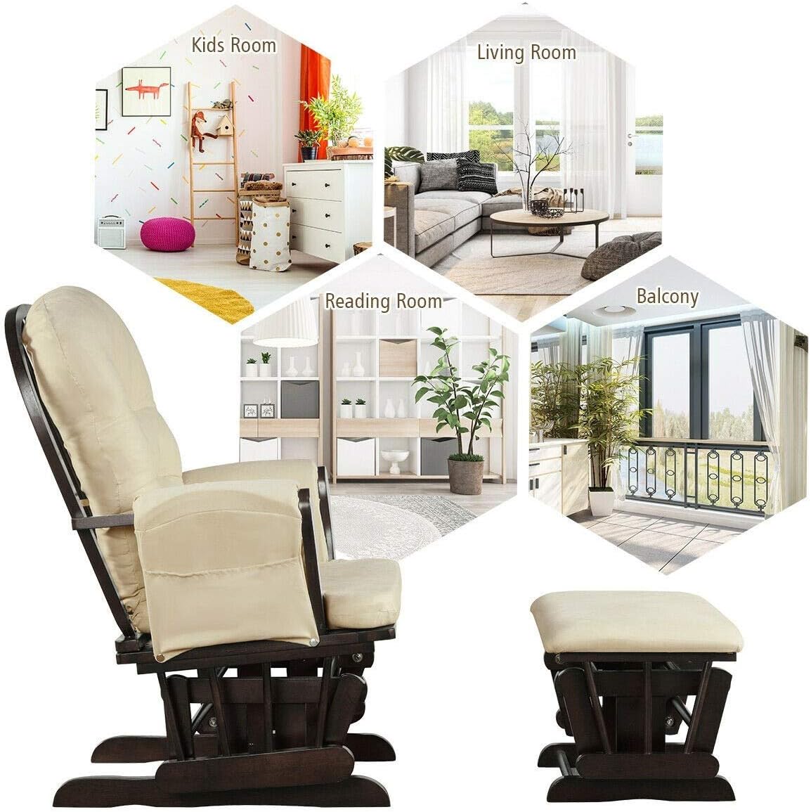 Nursery Rocking Chairs Nursery Glider Rocking Chair Wood Baby Rocker with Ottoman Cushion Upholstered Nursing Chair with Padded Arms (Beige)