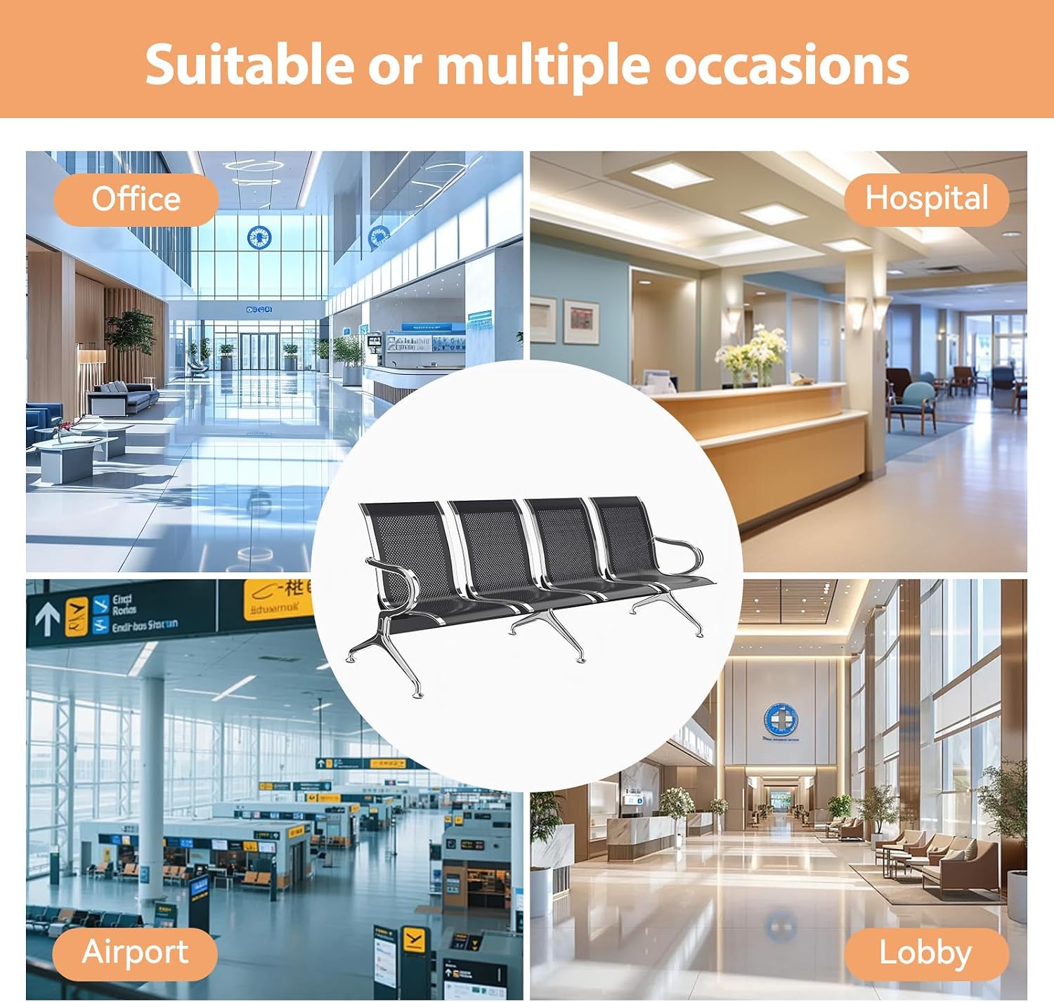Kinfant Waiting Room Chairs - Whole 4-Seat Connect Reception Chairs Waiting Room Chairs with Arms & Stainless Steel Frame, Waiting Room Bench Lobby Chair for Office Airport Bank Hospital