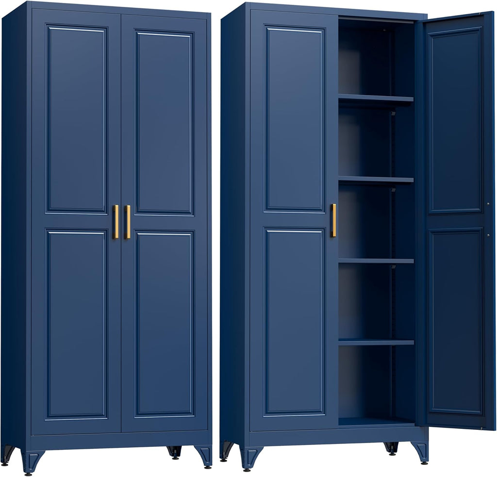 SteeLoong Kitchen Pantry Cabinet,75”Blue Metal Storage Cabinets with Doors and 4 Adjustable Shelves,Kitchen Cabinet with 2 Gold Handles,Tall Cabinet for Livingroom,Pantry, Bathroom