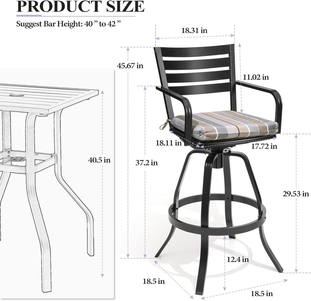 Crestlive Products Heavy Duty Cast Aluminum Outdoor Swivel Bar Stools with Sunbrella Cushion, Patio Bar Height Chair Set of 4, All Weather Black Finish for Outside, Commercial Grade(Milano Char)