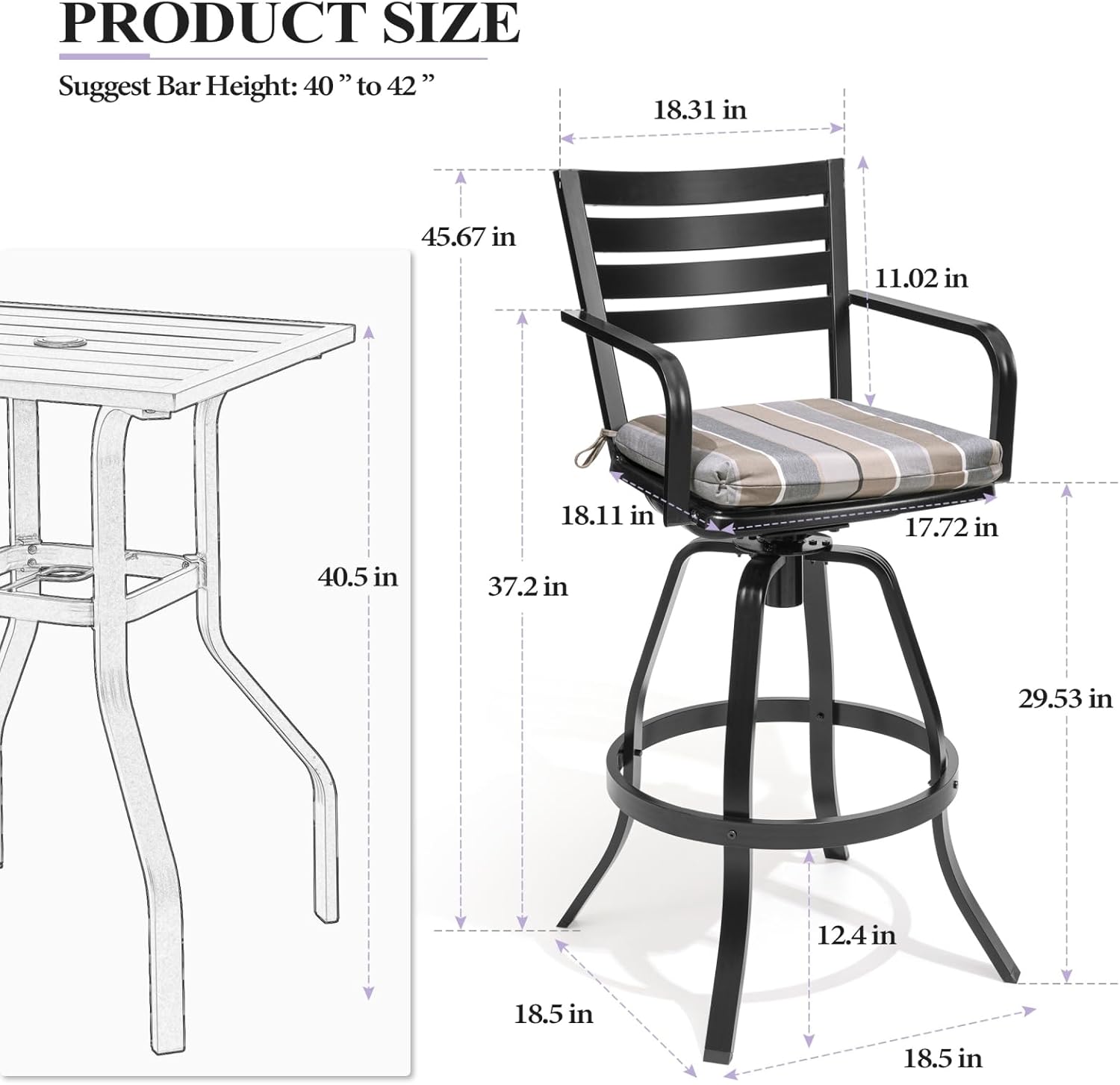 Crestlive Products Heavy Duty Cast Aluminum Outdoor Swivel Bar Stools with Sunbrella Cushion, Patio Bar Height Chair Set of 4, All Weather Black Finish for Outside, Commercial Grade(Milano Char)