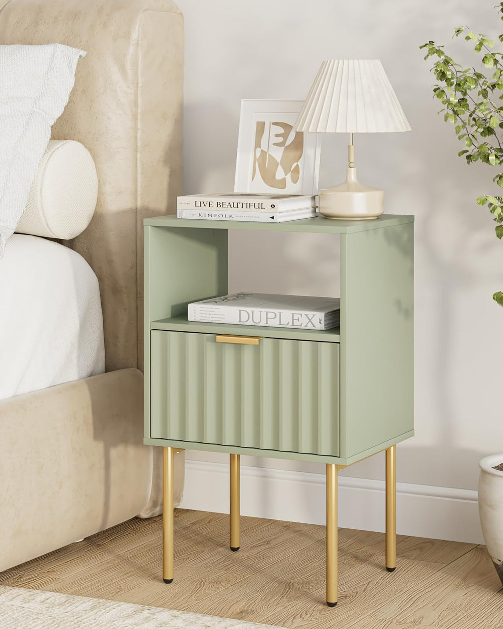 Nightstand,Modern Bedside Table with Gold Frame,Night Stand,Bedside Furniture, Modern Side Table with Drawer and Shelf for Bedroom,Living Room (Green)
