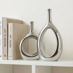 Glossy Silver Vase Ceramic Silver Vases Home Decor,Modern Minimalist Circle with Hole Decorative Vase, Hollow Ellipse Flower vases for Bookshelf, Fireplace Mantle, Centerpieces,Farmhouse,Rustic Décor