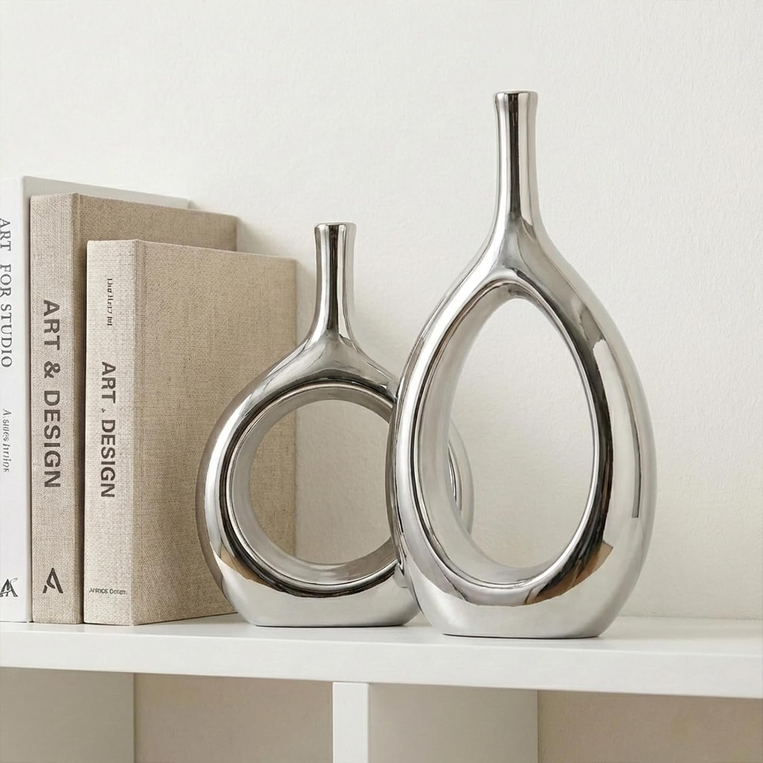 Glossy Silver Vase Ceramic Silver Vases Home Decor,Modern Minimalist Circle with Hole Decorative Vase, Hollow Ellipse Flower vases for Bookshelf, Fireplace Mantle, Centerpieces,Farmhouse,Rustic Décor