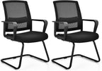 HAPPYGRILL Conference Chair Set of 2, Ergonomic Mid-Back Mesh Office Chair w/Adjustable Lumbar Support, Upholstered Seat & Metal Sled Base, Guest Reception Chairs for Home Office, Waiting Room