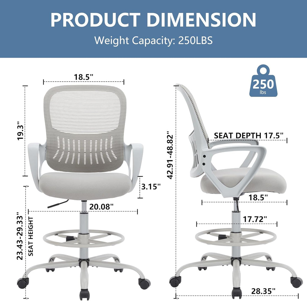 DUMOS Drafting Chair - Ergonomic Tall Office for Standing Desk, Counter with Height Adjustable and Comfortable Lumbar Support, Fixed Armrests, Grey