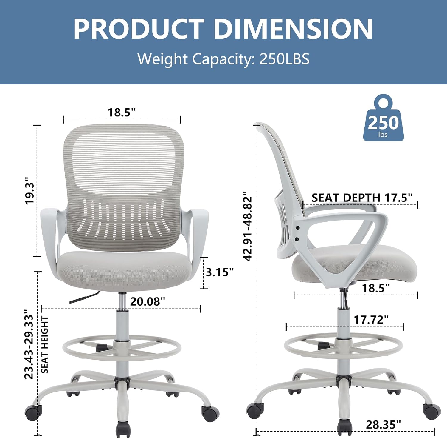 DUMOS Drafting Chair - Ergonomic Tall Office for Standing Desk, Counter with Height Adjustable and Comfortable Lumbar Support, Fixed Armrests, Grey