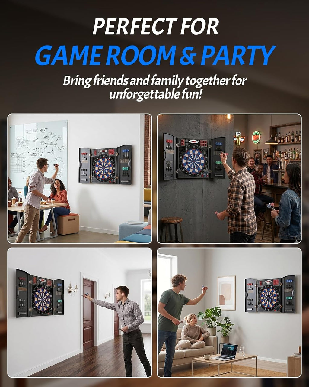 WIN.MAX Electronic Dart Board Cabinet Set for Adults, Black | LED Scoring, 38 Games & 211 Variants, Up to 16 Players, 12 Darts+40 Tips, Wall Mount for Home Bar Game Room Man Cave