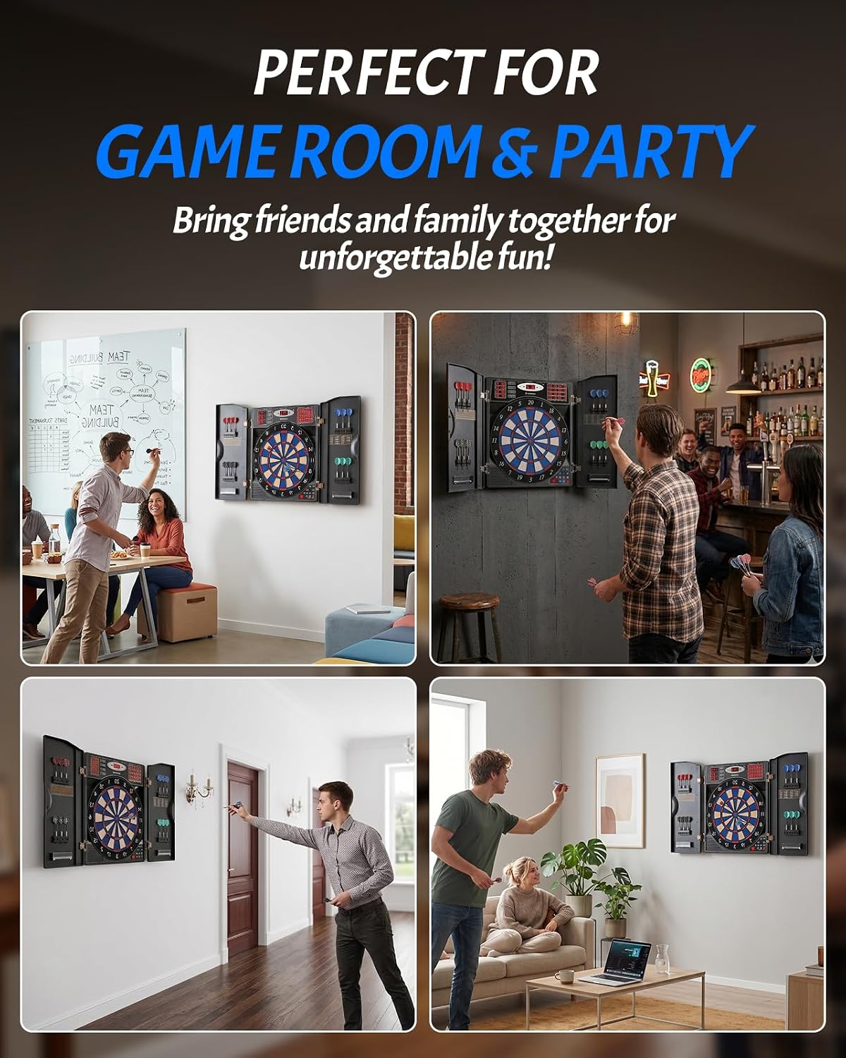 WIN.MAX Electronic Dart Board Cabinet Set for Adults, Black | LED Scoring, 38 Games & 211 Variants, Up to 16 Players, 12 Darts+40 Tips, Wall Mount for Home Bar Game Room Man Cave