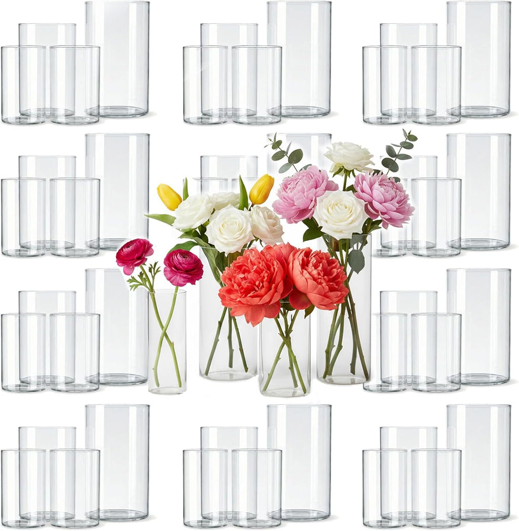 48pcs Glass Cylinder Vases 4,5,6 Inch for Centerpieces,Small Clear Flower Vases for Wedding Decorations and Indoor Home Decor, Hurricane Candle Holder for Table Shelf, Party
