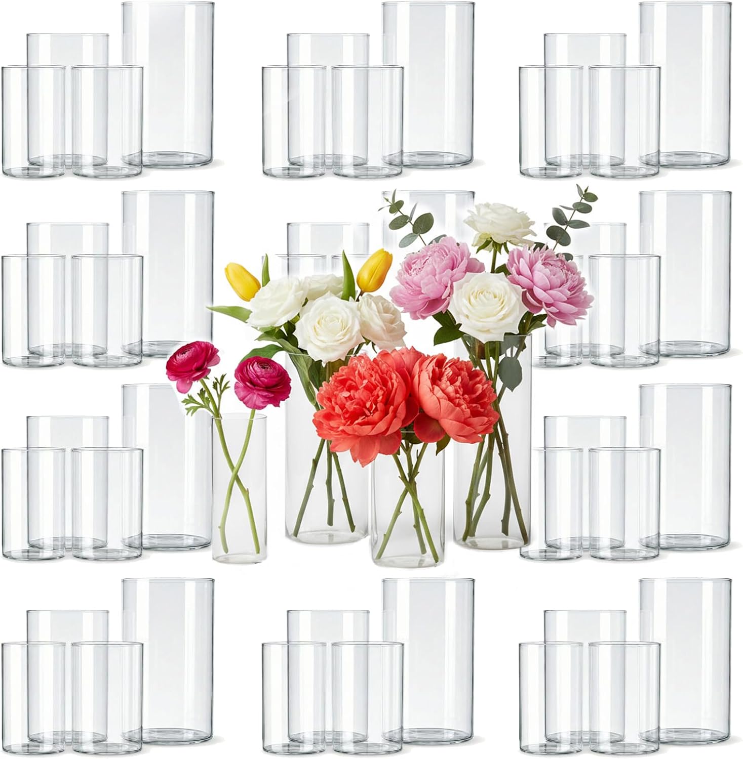 48pcs Glass Cylinder Vases 4,5,6 Inch for Centerpieces,Small Clear Flower Vases for Wedding Decorations and Indoor Home Decor, Hurricane Candle Holder for Table Shelf, Party
