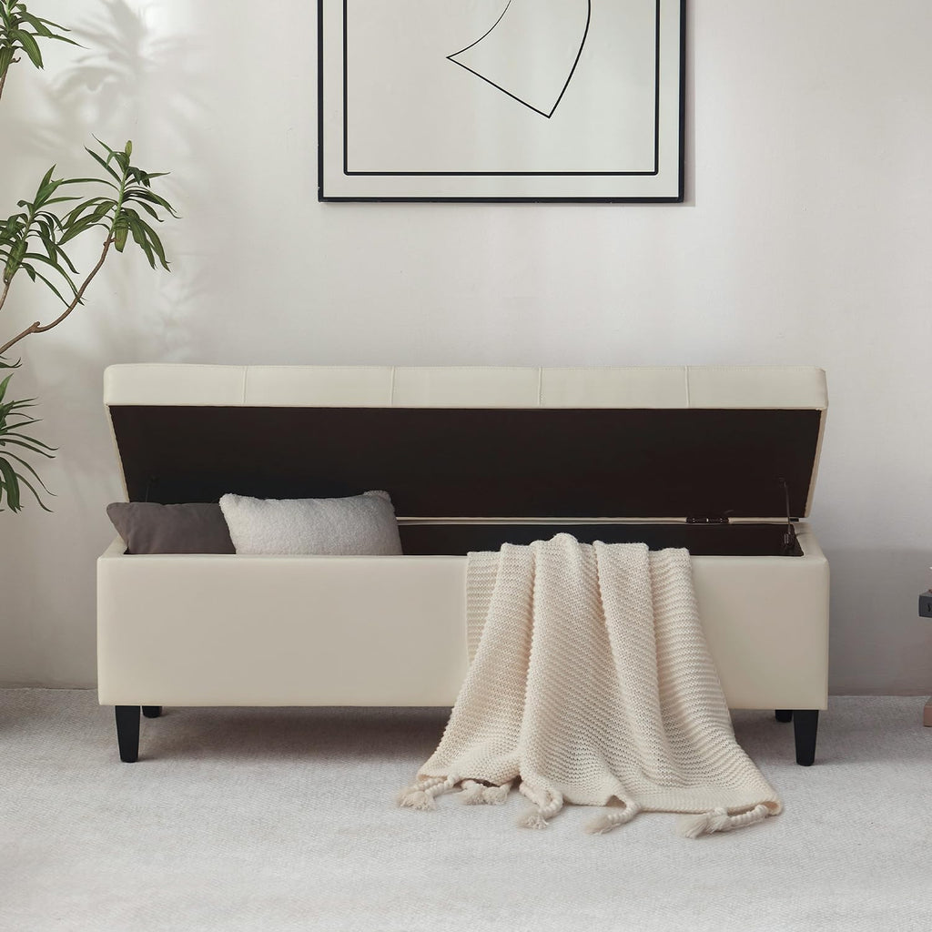 50.5 Inch Storage Ottoman Bench, Faux Leather Tufted Upholstered Bedroom Bench with Safety Hinges, Supports 300 lbs, Large Storage Bench for Living Room, Entryway (Cream)