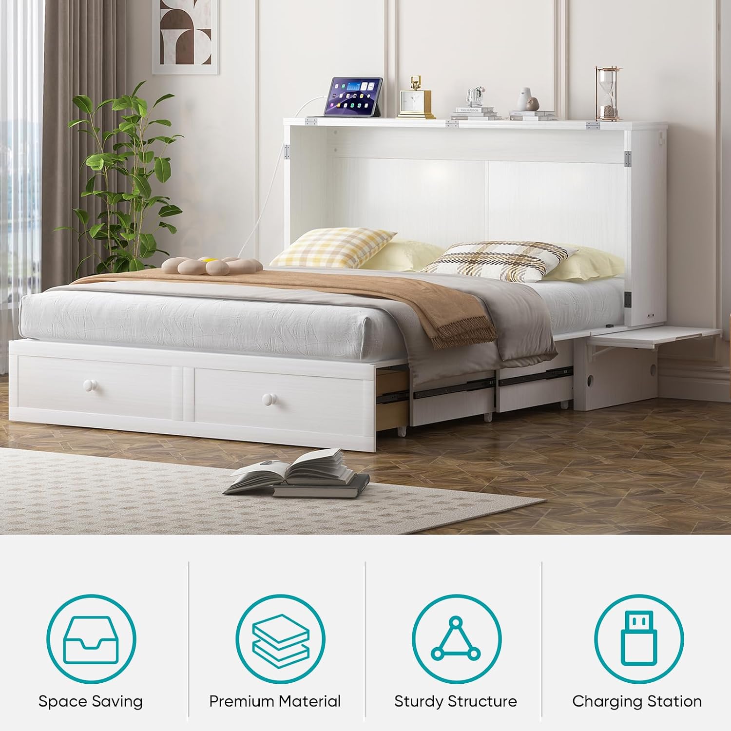BALUS Queen Murphy Bed, Murphy Cabinet Bed with 2 Storage Drawers &USB Charging Station, Space-Saving Murphy Beds for Living Room/Bedroom, White