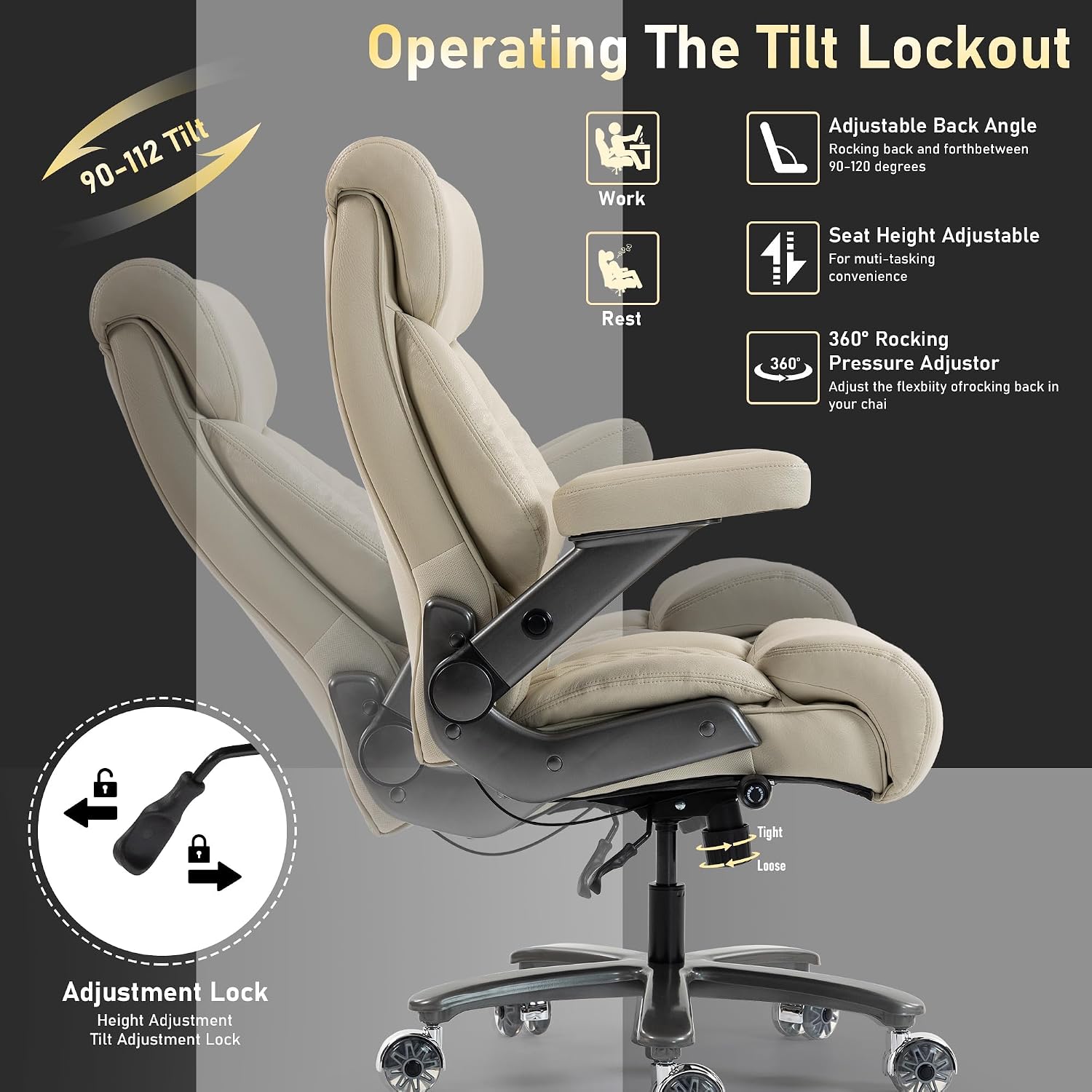 DYHOME 700LBS Heavy Duty Office Chair with 4D Armrest, Comfy Big and Tall Executive Office Desk Chair, Ergonomic Computer Chair with Pocket Spring Cushion & Lumbar Support, Dual Rubber Wheel (Beige)