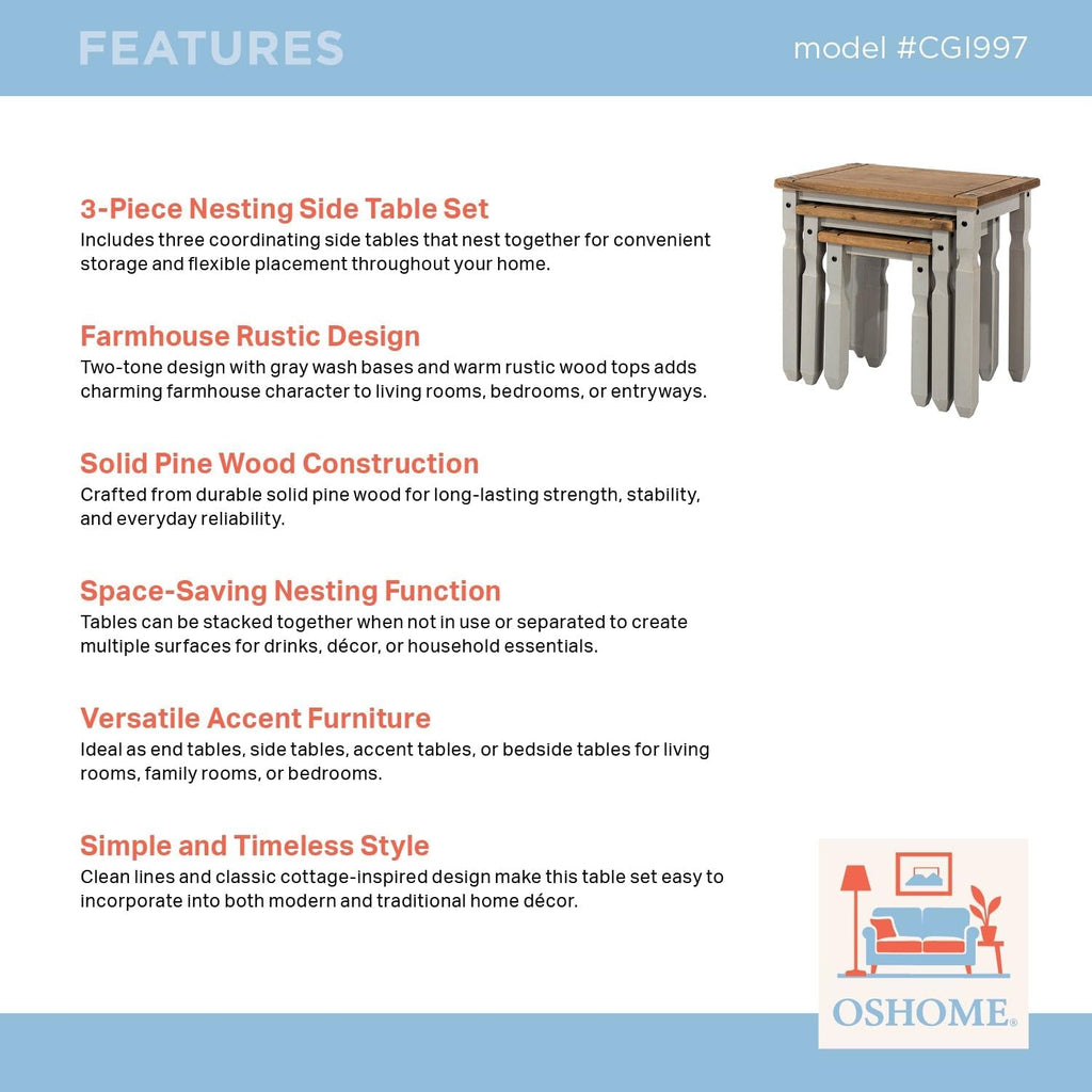OSHOME 3-Piece Farmhouse Nesting Side Table Set – Solid Pine Wood End Tables in Corona Gray with Rustic Wood Top