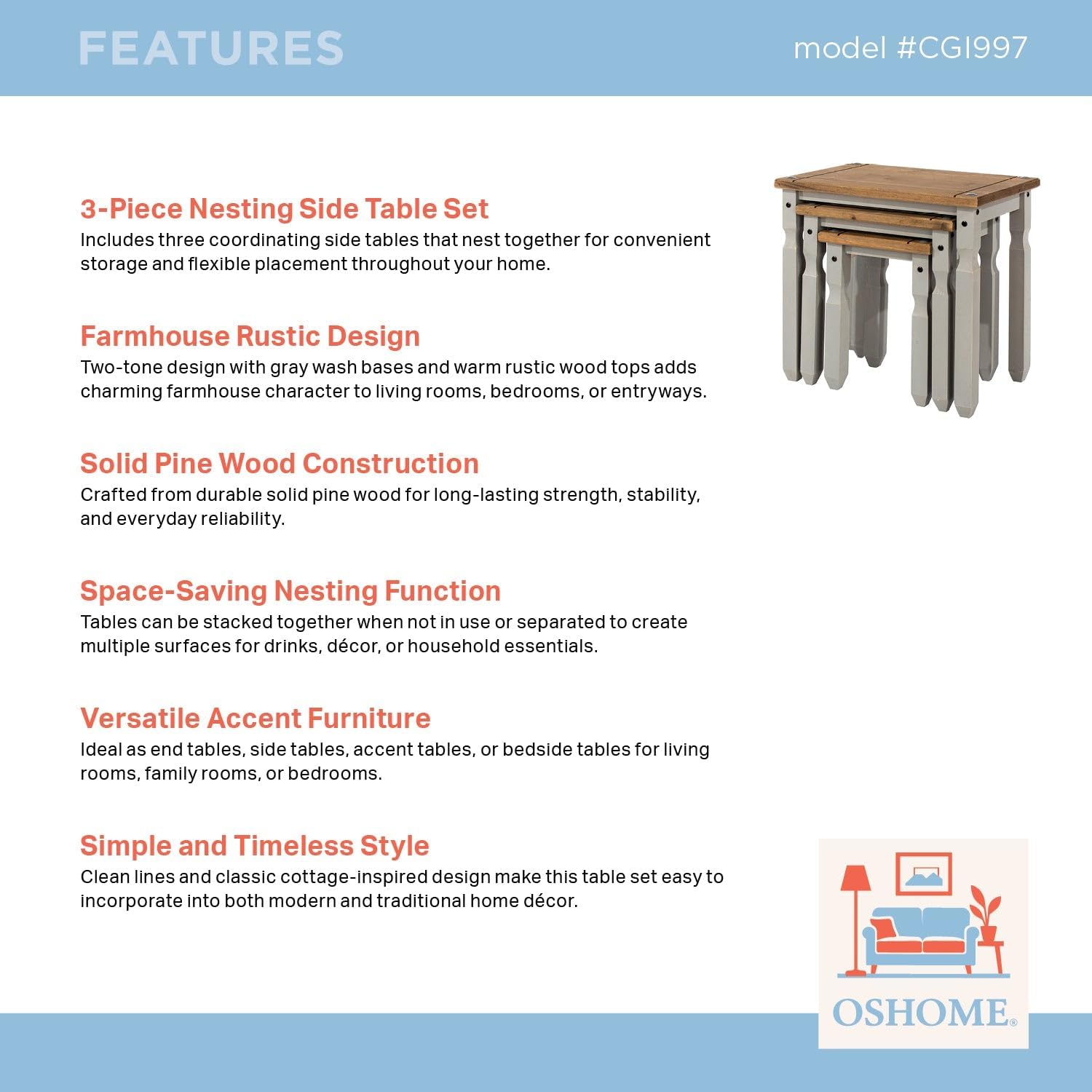 OSHOME 3-Piece Farmhouse Nesting Side Table Set – Solid Pine Wood End Tables in Corona Gray with Rustic Wood Top
