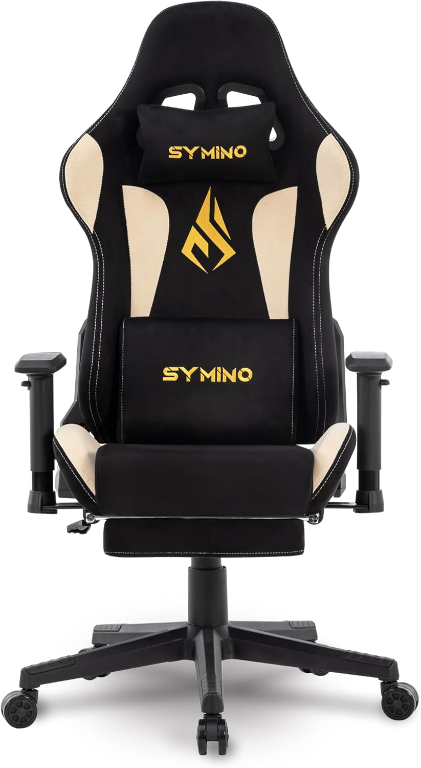 Symino Gaming Chair, Two-Tone Design, Wraparound Seat, Lumbar & Head Support, 150° Tilt, Class 3 SGS Gas, 330 lbs (Faux Suede, Black Beige)