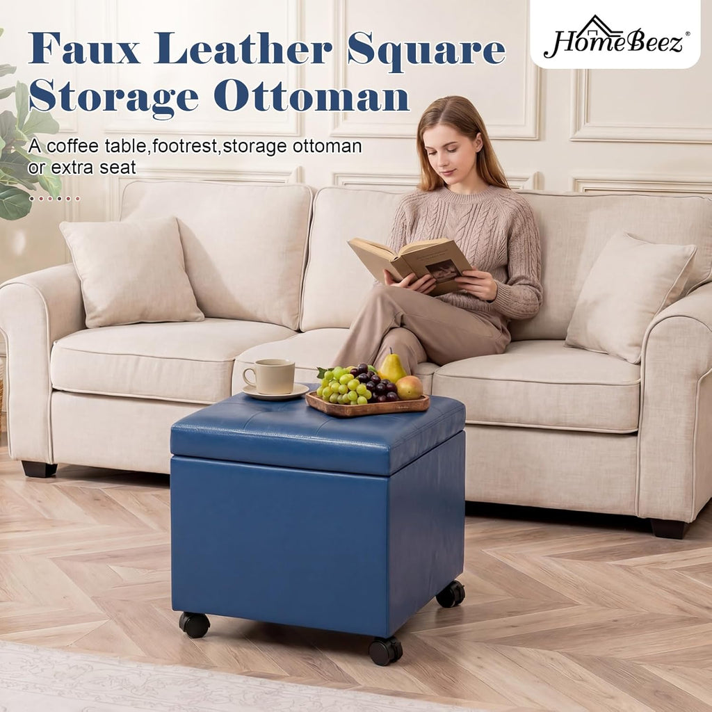 Homebeez Faux Leather Storage Ottoman with Steerable Rolling Wheels, 17.7" Square Small Foot Rest Stool Tufted Cube Footstool with Hinged Lid, Load 300 lb, for Living Room, Bedroom, Entryway, Blue
