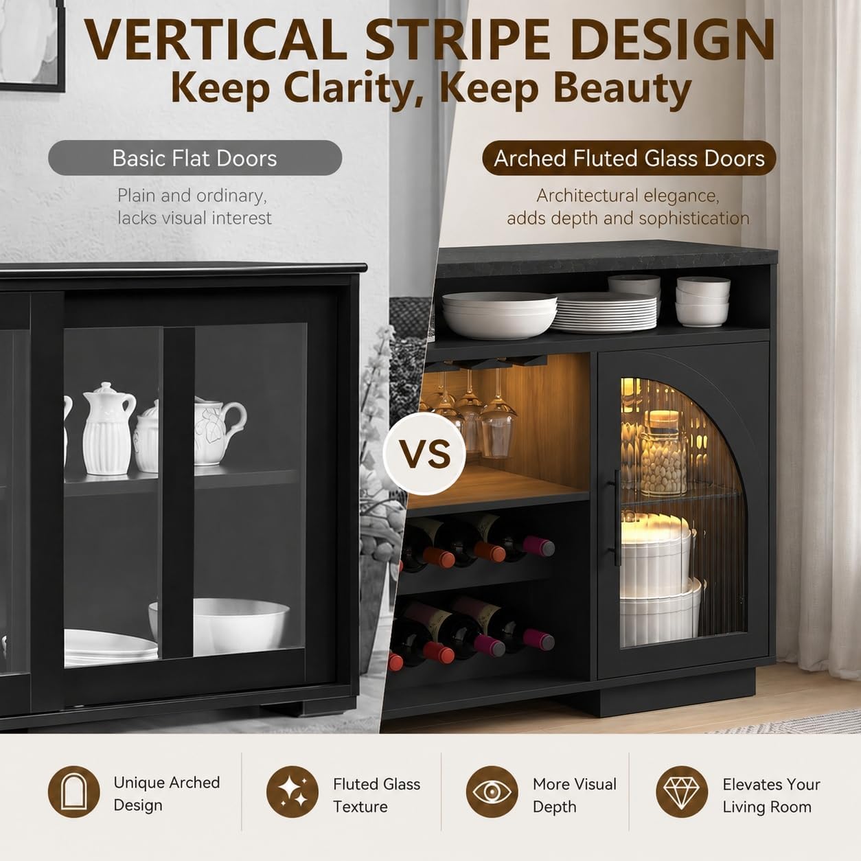 54" Coffee Bar Cabinet with Storage, LED Lights and Arched Glass Doors | Black Wine Bar Cabinet with Wine Rack and Adjustable Shelves, Faux Marble Top for Kitchen, Home Bar, Dining Room, Living Room